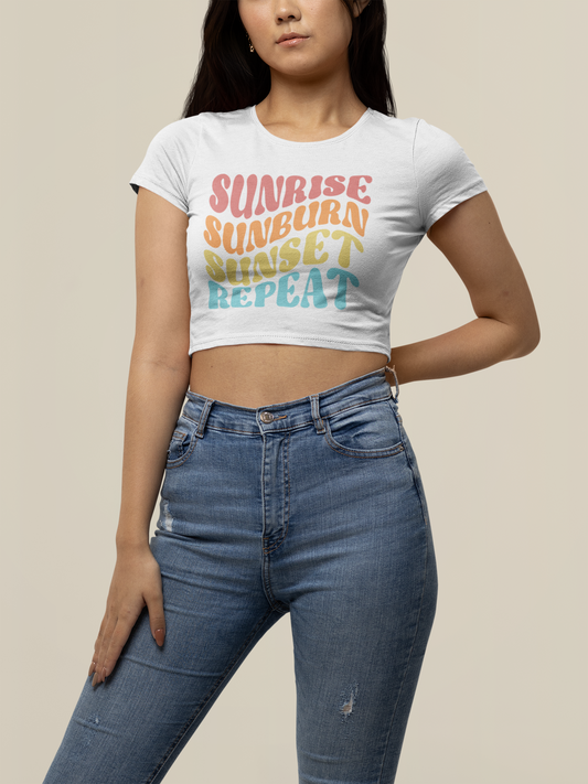 Womens SUNRISE SUNBURN SUNSET REPEAT Crop Tee